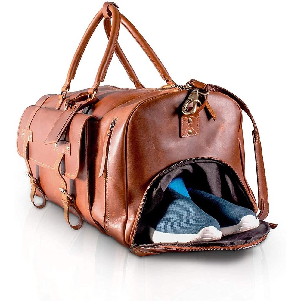 Full Grain Leather Travel Duffel Bag Overnight Weekend Leather Bags Sports Gym - Picture 3 of 7